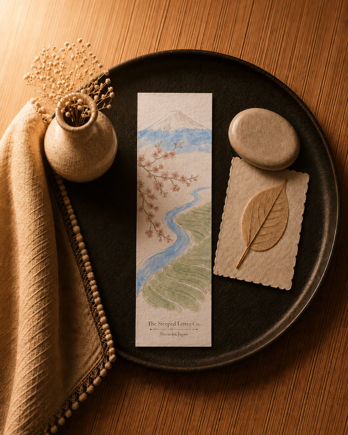 Decorative items including a vase, stones, and a bookmark with a nature design on a wooden surface.