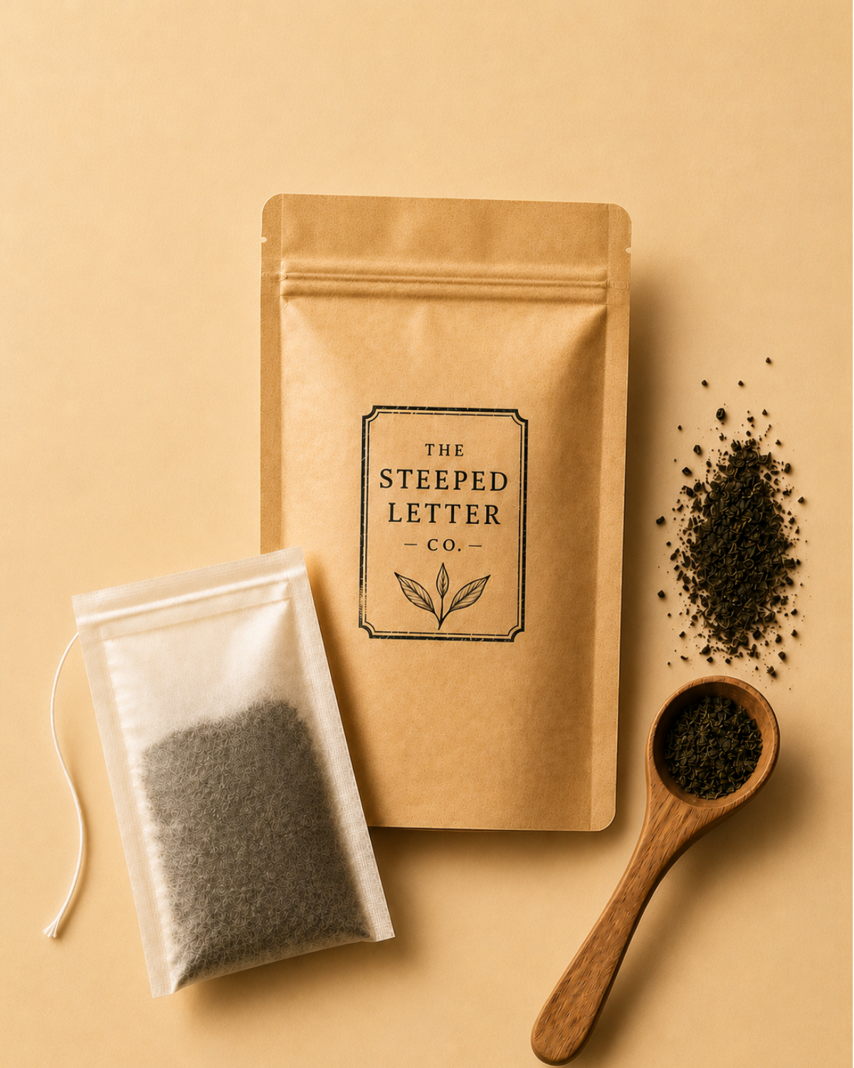 Tea packaging with a tea bag, spoon, and loose tea on a beige background